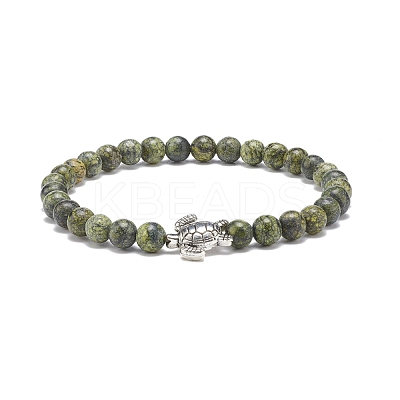 Gemstone Round & Alloy Sea Turtle Beaded Stretch Bracelet for Women BJEW-JB08579-1