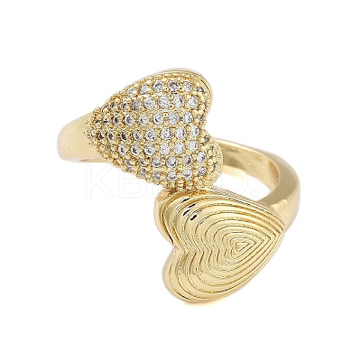 Rack Plating Heart Brass Micro Pave Cubic Zirconia Open Cuff Rings for Women RJEW-B064-08G-1