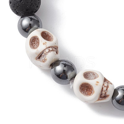 Halloween Skull Synthetic Turquoise & Round Lava Rock & Synthetic Non-Magnetic Hematite Beaded Stretch Bracelets for Women BJEW-JB10656-01-1