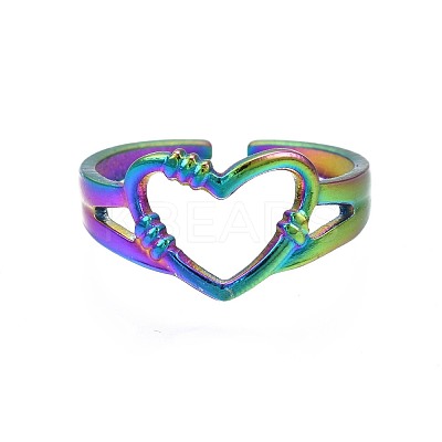 304 Stainless Steel Hollow Heart Cuff Ring RJEW-N038-053-1