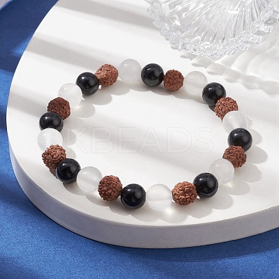 Natural Rudraksha & Selenite & Eyeless Obsidian Beaded Stretch Bracelets BJEW-JB10115-01-1
