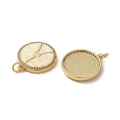 Flat Round with Peace sign & Tower Brass Micro Pave Cubic Zirconia with Synthetic Opal Pendants KK-D096-07A-G-1