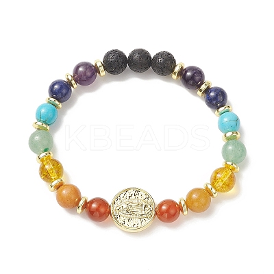 Dyed Natural & Synthetic Mixed Gemstone & Brass Virgin Mary Beaded Stretch Bracelet BJEW-JB09321-1