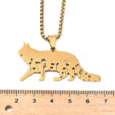201 Stainless Steel Hollow Cat Shaped Pendant Box Chain Necklaces NJEW-M086-06G-1