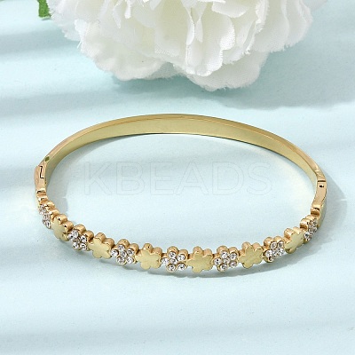 304 Stainless Steel Crystal Rhinestone Flower Hinged Cuff Bangles for Women SA-CBA61B8-12G-1