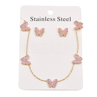 Butterfly 304 Stainless Steel Enamel Necklaces & Stud Earrings Setss for Women SJEW-K003-04G-1