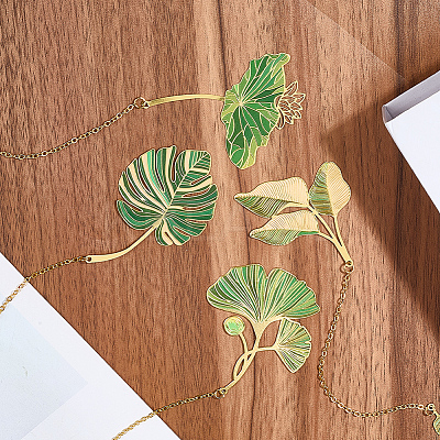 4Pcs 4 Styles Brass Leaf Pendant Bookmarks with Chain AJEW-CP0006-79-1