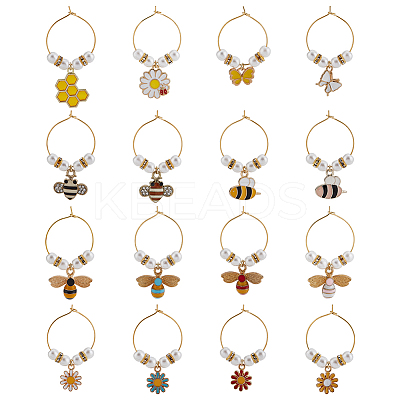 16Pcs 16 Style Bees & Flower Theme Alloy Enamel Wine Glass Charms AJEW-BC0003-91-1