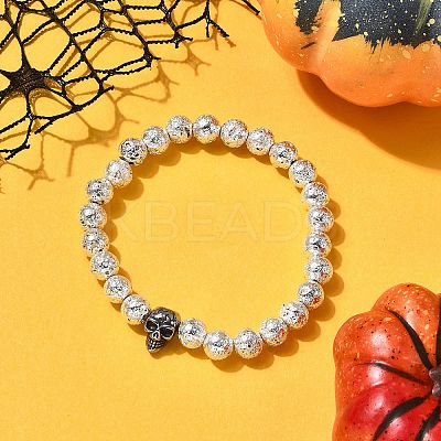 3Pcs 3 Colors Halloween Dyed & Electroplated Natural Lava Rock Round Beads Stretch Bracelets for Men BJEW-JB12332-1