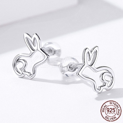 Anti-Tarnish Rhodium Plated 925 Sterling Silver Bunny Stud Earrings EJEW-FF0009-08P-1