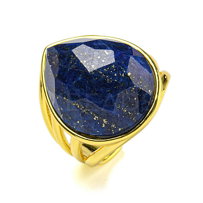 Teardrop Natural Lapis Lazuli Open Cuff Rings RJEW-C087-01G-01-1