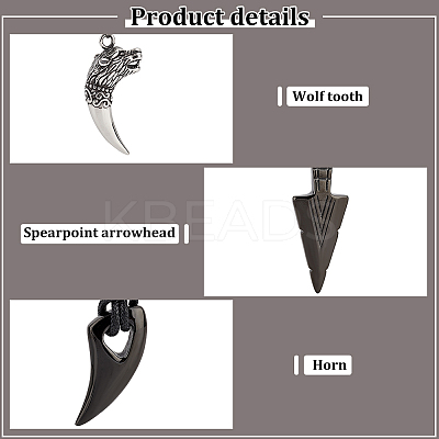 3Pcs 3 Styles Horn & Spearpoint & Wolf 304 Stainless Steel Pendant Necklaces Set with Wax Rope for Men Women NJEW-AN0001-45-1