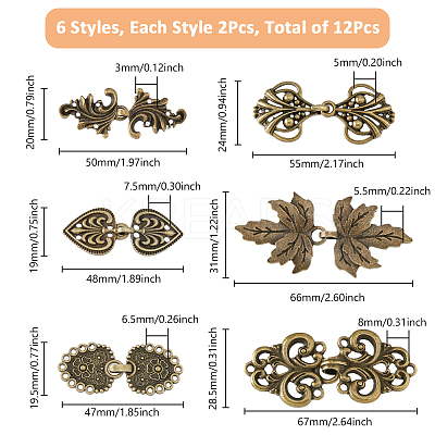 12Sets 6 Styles Tibetan Style Zinc Alloy Hook Button FIND-FH0009-29-1