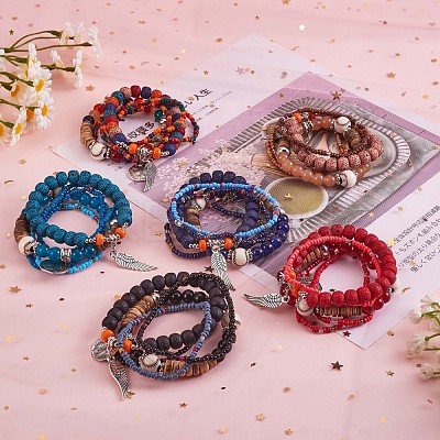 5Pcs 5 Style Wood & Glass Seed & Acrylic Beaded Stretch Bracelets Set with Baseball JB709A-1