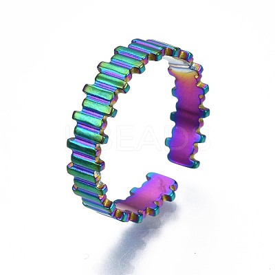 304 Stainless Steel Stripe Textured Cuff Ring RJEW-N038-068-1