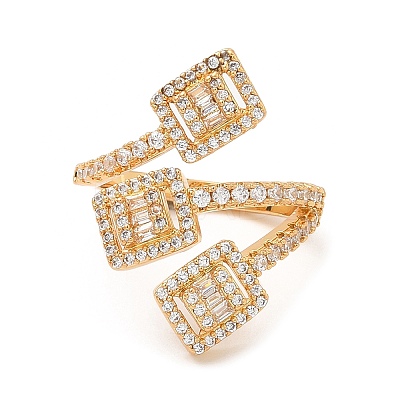 Rack Plating Brass Rectangle Open Cuff Rings with Cubic Zirconia RJEW-D008-07G-1