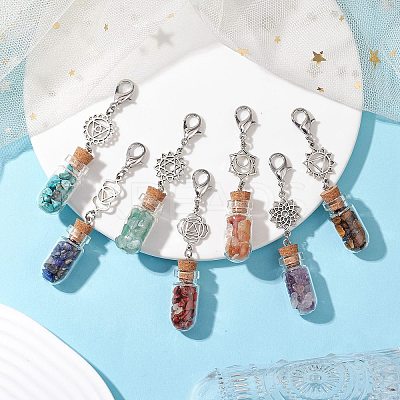 7Pcs 7 Styles Chakra Natural & Synthetic Gemstone Chip Beads inside Glass Wishing Bottle Pendant Decorations HJEW-JM02344-1