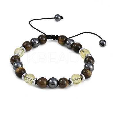 Non-Magnetic Synthetic Hematite & Synthetic Citrine & Natural Yellow Tiger Eye Round Beaded Braided Bracelets for Men Women BJEW-JB11185-03-1