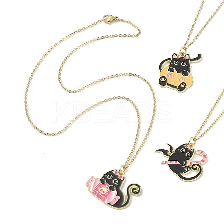 Halloween Theme Alloy Enamel Cat Pendant Necklace with 304 Stainless Steel Cable Chains NJEW-JN04371-1