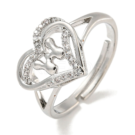 Heart with Letter Rack Plating Brass Micro Pave Clear Cubic Zirconia Adjustable Rings for Women RJEW-I105-01P-W-1