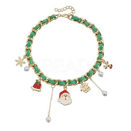 Christmas Alloy Enamel Santa Claus Christmas Bell Gift Box Pendant PU Leather Cord Bib Necklaces for Women FS-WG9C2A3-03-1