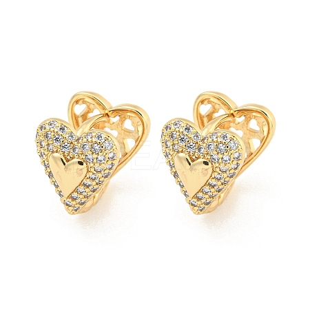 Heart Brass Pave Clear Cubic Zirconia Hoop Earrings EJEW-M258-22G-1
