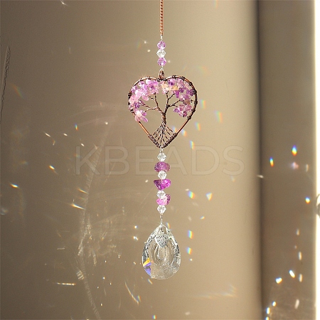 Natural Amethyst Chip Wrapped Heart with Tree of Life Hanging Ornaments PW-WG90532-02-1