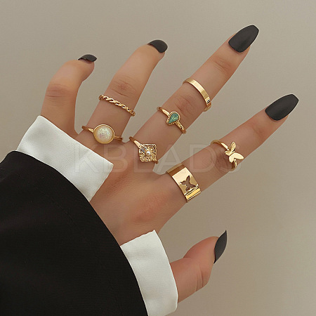 7Pcs Butterfly/Rhombus/Flat Round Alloy Resin Finger Rings FS-WG08CD1-06-1