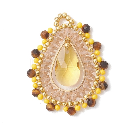 Natural Tiger Eye Faceted Round and Glass Seed Beaded Pendants PALLOY-MZ01218-03-1