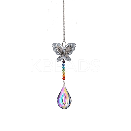 Glass Teardrop Sun Catcher Hanging Prism Ornaments with Iron Butterfly HJEW-PW0002-14D-1