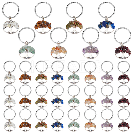 32 Pcs 8 Colors Natural Gemstone Tree of Life Keychains KEYC-PH01571-1