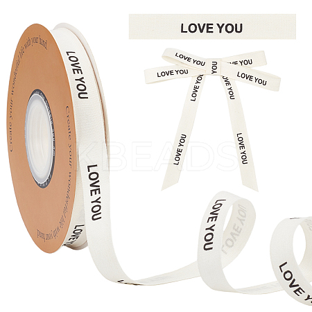 30 Yards Cotton Love You Word Printed Ribbon OCOR-WH0086-87B-1