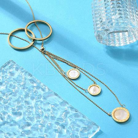 304 Stainless Steel & Natural Shell Ring Lariat Necklaces for Women NJEW-A045-21G-1
