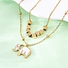 304 Stainless Steel Pave Natural White Shell Elephant Pendant Double Layer Necklaces NJEW-R026-06G-3