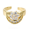 Cubic Zirconia Moon with Flower Open Cuff Ring RJEW-N037-039F-2