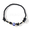 Natural Obsidian Chip & Brass Evil Eye & Glass Beaded Stretch Bracelets for Daily Wear PI9480-9-1