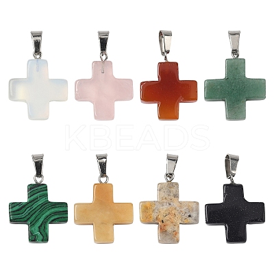 20Pcs Opalite/Synthetic Goldstone/Malachite/Turquoise/Natural Blue Spot Jasper/Crazy Agate/Green Aventurine/Indian Agate/Topaz Jade Cross Pendants G-YW0002-27-1