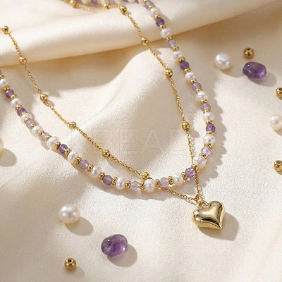 304 Stainless Steel Heart Pendant White Faux Pearl and Natural Amethyst Faceted Round Beaded Double Layer Necklaces for Women JN5423-1-1