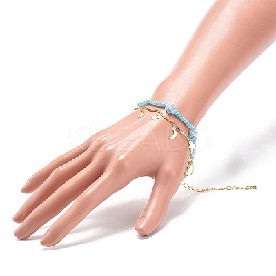 Brass Moon and Star Charms & Seed Flower Double Layer Multi-strand Bracelet for Women BJEW-JB08849-1