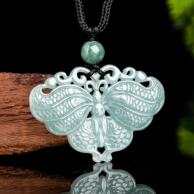 Natural Jadeite Carved Butterfly Pendant Necklaces NJEW-F321-04-1