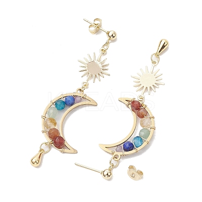Chakra Moon Copper Wire Wrapped Gemstone Stud Earring EJEW-TA00485-1