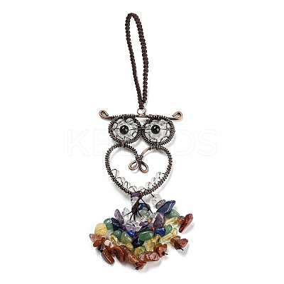 Wire Wrapped Brass Owl & Natural Quartz Crystal Pendant Decoration HJEW-C006-01A-1