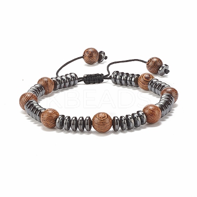 Natural Wenge Wood & Synthetic Hematite Braided Bead Bracelet BJEW-JB07933-1