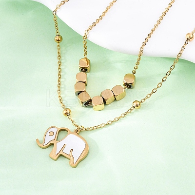 304 Stainless Steel Pave Natural White Shell Elephant Pendant Double Layer Necklaces NJEW-R026-06G-1
