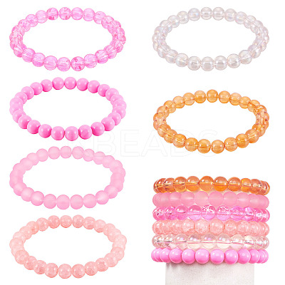 6Pcs 6 Styles 8mm Glass Round Beaded Stretch Bracelet Sets BJEW-TAC0023-1
