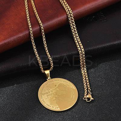201 Stainless Steel Flat Round with Boy Pendant Box Chain Necklaces for Women Men LS-NJEW-R013-05G-1