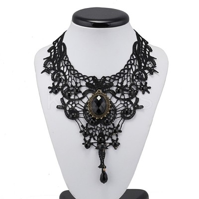 Gothic Alloy Glass Lace Heart Statement Bib Choker Necklaces for Women FS-WGE10D6-01-1