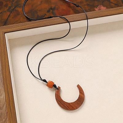 Wood Pendant Black Wax Cord Long Necklaces for Women FS-WG36920-10-1