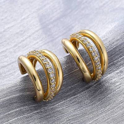 Triple C-Shaped Brass Micro Pave Clear Cubic Zirconia Stud Earrings EJEW-R025-11G-1