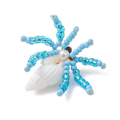 Faceted Round Natural Black Spinel & Natural Trumpet Shell & Glass Seed Beaded Crab Pendants PALLOY-MZ01177-03-1